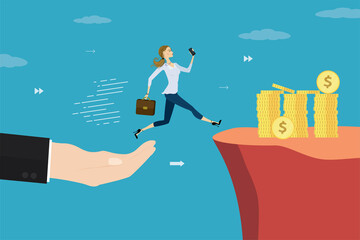 Hand helping businesswoman overcoming obstacles. Money gap, financial help for business. Career ladder, take new position. Way to wealth. Teamwork, collaboration. Business risk and success.