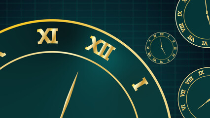 Fototapeta premium Old style antique clock animation. Multiple clocks moving clockwise and anticlockwise. Concept of Multiverse. 