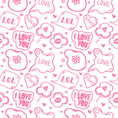 A seamless pattern of speech bubbles with hand-drawn doodle-style dialog words. Love words and exclamations. Confessions of love. Hearts. Kisses. Words for lovers. Vector illustration.