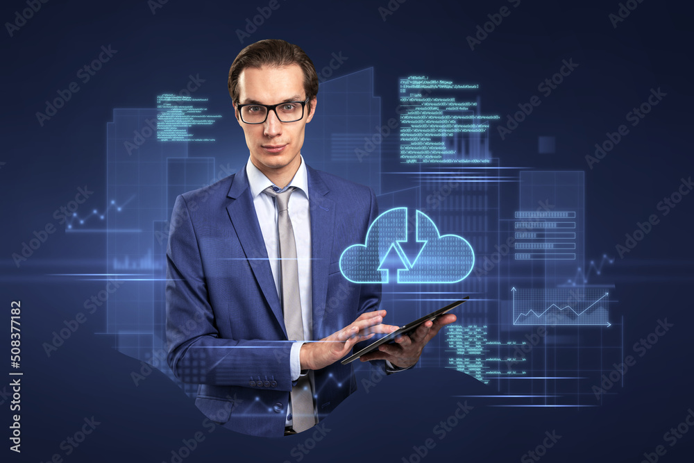 Poster Attractive young european businessman with tablet standing on abstract blue background with coding and tech information. Database, cloud computing and science concept. Double exposure.