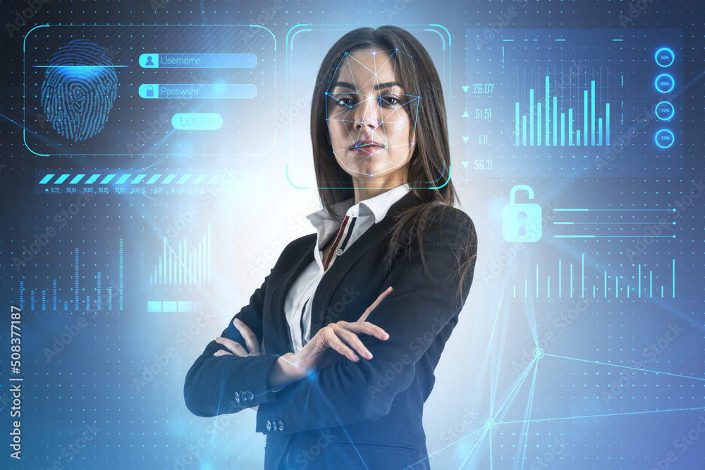 Aufkleber portrait of thoughtful european woman with folded arms and face id glowing interface. access, identi
