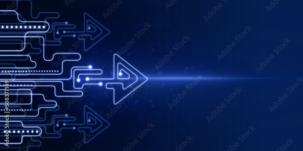 Poster abstract glowing digital startup arrow on blue backdrop with light and mock up place. start up, busi