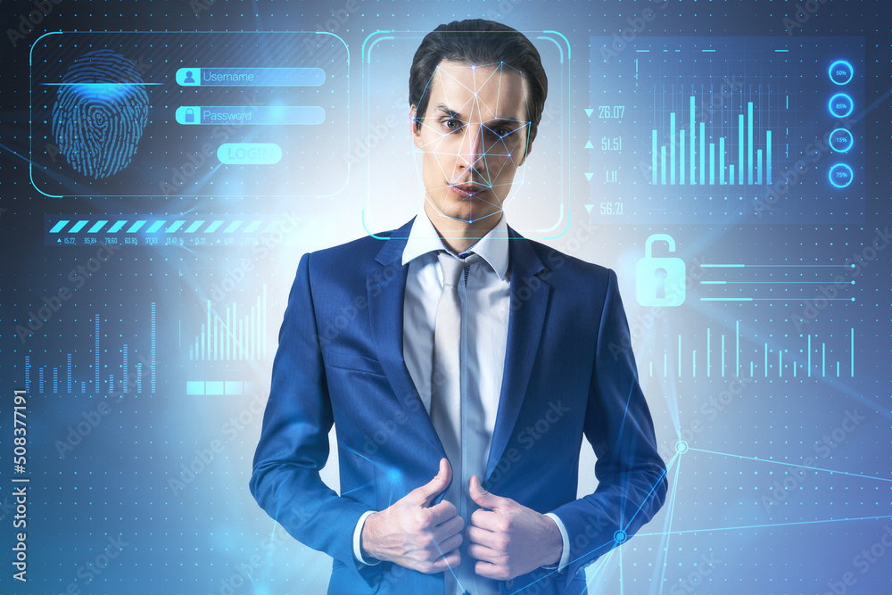 Poster portrait of thoughtful european businessman with face id glowing interface. access, identification a