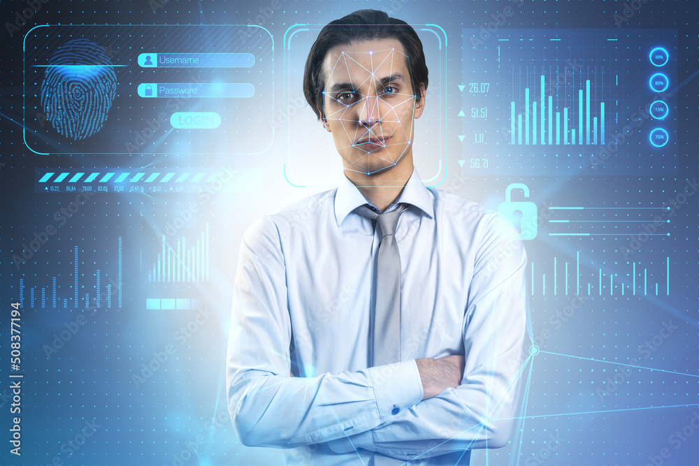 Poster portrait of thoughtful european business man with face id glowing interface. access, identification 