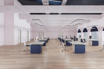 Fototapeta na wymiar Contemporary coworking office interior with wooden flooring, empty computer screens on desks, concrete flooring and window with city view. Workplace concept. 3D Rendering.