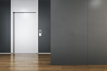 Blank black wall in empty office hall with elevator and wooden glossy floor. 3D rendering, mockup © Who is Danny
