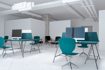 Modern coworking office interior with empty computer screens on desks, concrete flooring. Workplace concept. 3D Rendering.