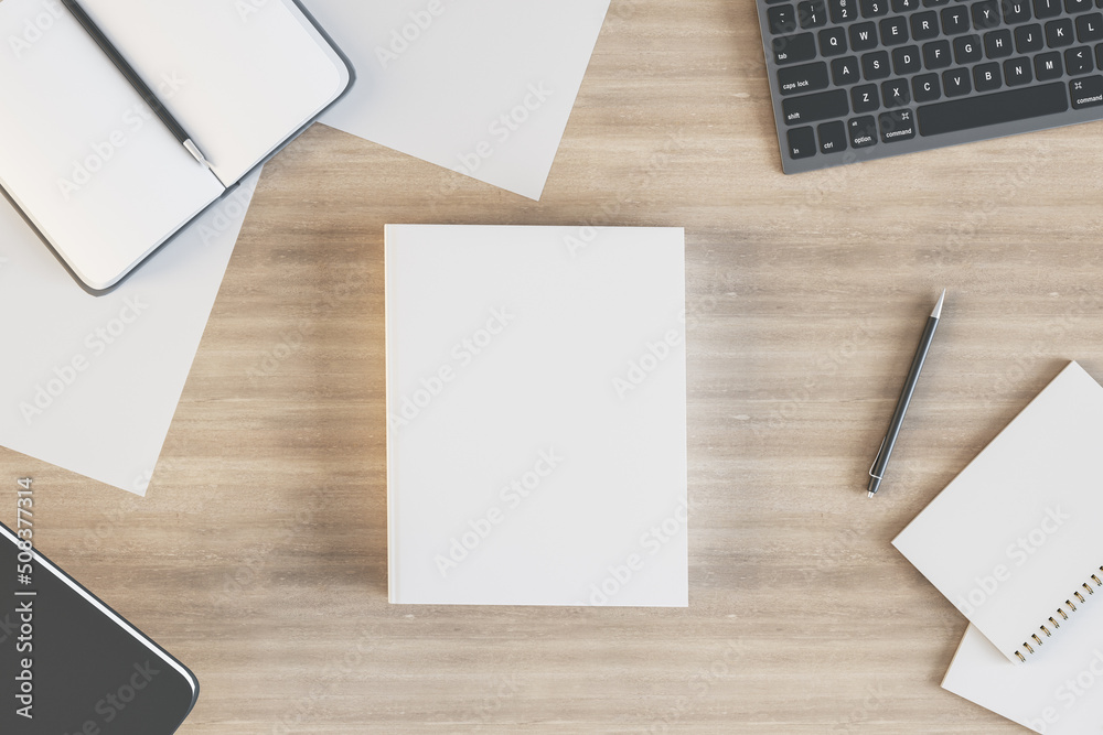 Poster top view of empty white notebook on wooden desktop with supplies. work, diary, homework and workplac