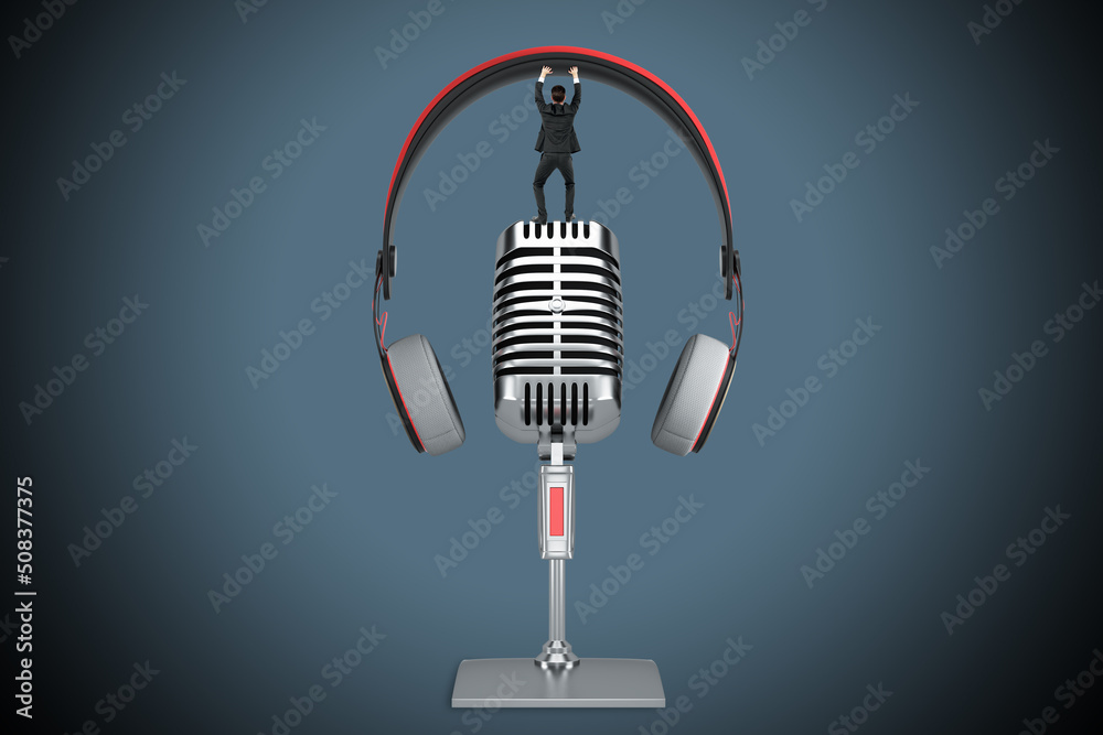 Poster close up of silver mic and headset on gray background. podcast and information concept. 3d rendering
