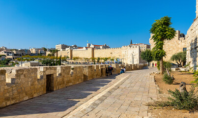 Walls of Tower Of David citadel and Old City over Jaffa Gate with Mamilla quarter of Jerusalem in...