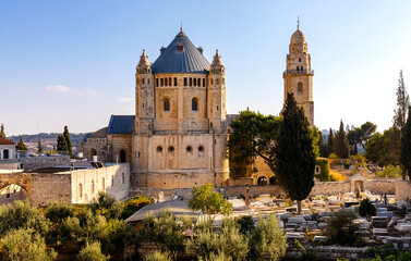 Benedictine Virgin Mary Dormition Abbey on Mount Zion, near Zion Gate outside walls of Jerusalem...
