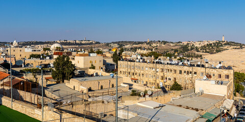 Panorama of Mount of Olives with Temple Mount and Al Aqsa mosque over Jewish quarter in Jerusalem...