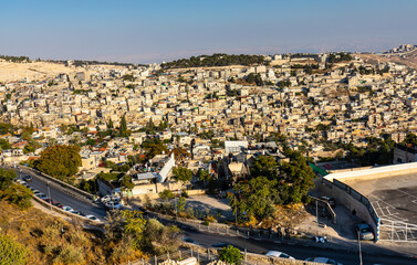 Panorama of Mount of Olives with Siloam village over ancient City of David quarter seen from south...