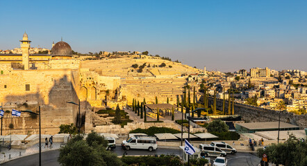 Panorama of Mount of Olives over south wall of Temple Mount and Al Aqsa mosque and Dung Gate in...