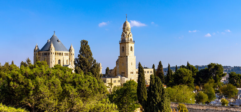 Benedictine Virgin Mary Dormition Abbey on Mount Zion, near Zion Gate outside walls of Jerusalem Old City in Israel