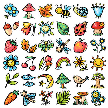 Nature pattern with hand drawn colored leaves, herbs, flowers, insects, animals and other objects