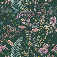Seamless watercolor pattern with boho style fern branches and leaves drawn for summer clothes textile and surface design © Марина Воюш
