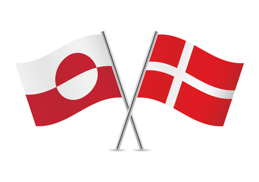 Greenland and Denmark crossed flags. Greenlandic and Danish flags on white background. Vector icon set. Vector illustration. 