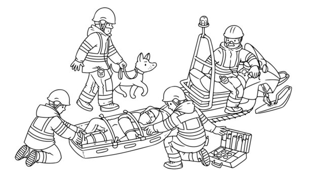 Rescuers, snowmobile and rescue sled Coloring book