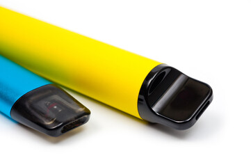 Two electronic cigarettes disposable and refillable with a replaceable cartridge in a blue and yellow body, photographed against a white background