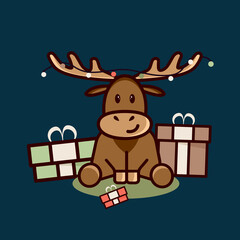Reindeer sitting on an isolated background with a garland and gifts. Wild forest animals are herbivores. Flat vector illustration 