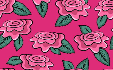 Spring colorful vector illustration with pink roses. Cartoon style. Design for fabric, textile, paper. Holiday print for Easter, Birthday, 8 March. Flowers with leaves