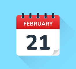 February 21 vector flat design of daily calendar icon. Date and day of the year.