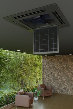 black cassette air conditioner open to clean the filter in a room with a large window 3d