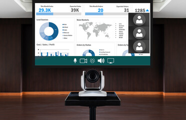 Web camera for online meeting with mock up presentation slide show on projector screen background...