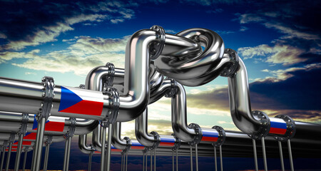 Oil or gas pipeline, flags of Czech Republic and Russia - 3D illustration