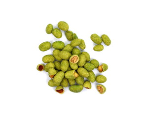 Pile of wasabi coated peanuts isolated on white.