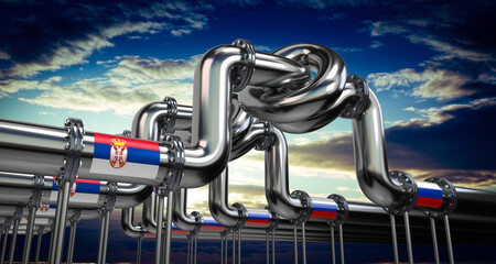 Oil or gas pipeline, flags of Serbia and Russia - 3D illustration