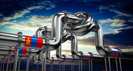 Oil or gas pipeline, flags of Mongolia and Russia - 3D illustration