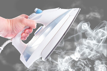 Steam blue iron. Clothes, ironing board household concept