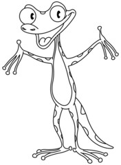 Outlined happy cute gecko holding up his arms, Vector line art illustration coloring page.