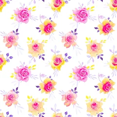 Fototapete Blumen Nahtloses Muster mit Aquarellrose, Blättern. Nahtloses Blumenmuster für Textil, Druck, Tapete.