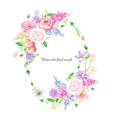 Floral wreath with  summer flowers, watercolor illustration