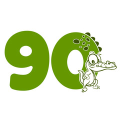 90, Number ninety with crocodile cartoon character, Birthday Anniversary