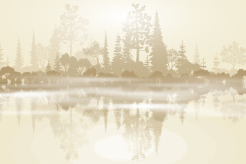 Picturesque reflection in the lake, forest in the morning mist, sepia tones