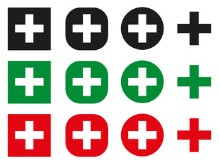 Set of medical crosses vector symbols isolated on white background. Three colors green red black. eps10