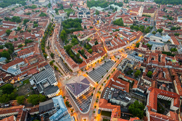 Aerial summer spring sunset view in Vilnius old town, Lithuania