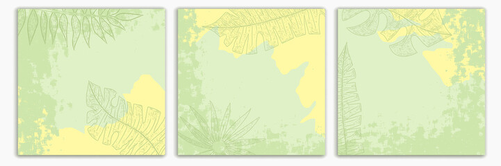 Fototapeta na wymiar Brochure flyer design, vector background. Square format. Abstract shapes, tropical leaves.