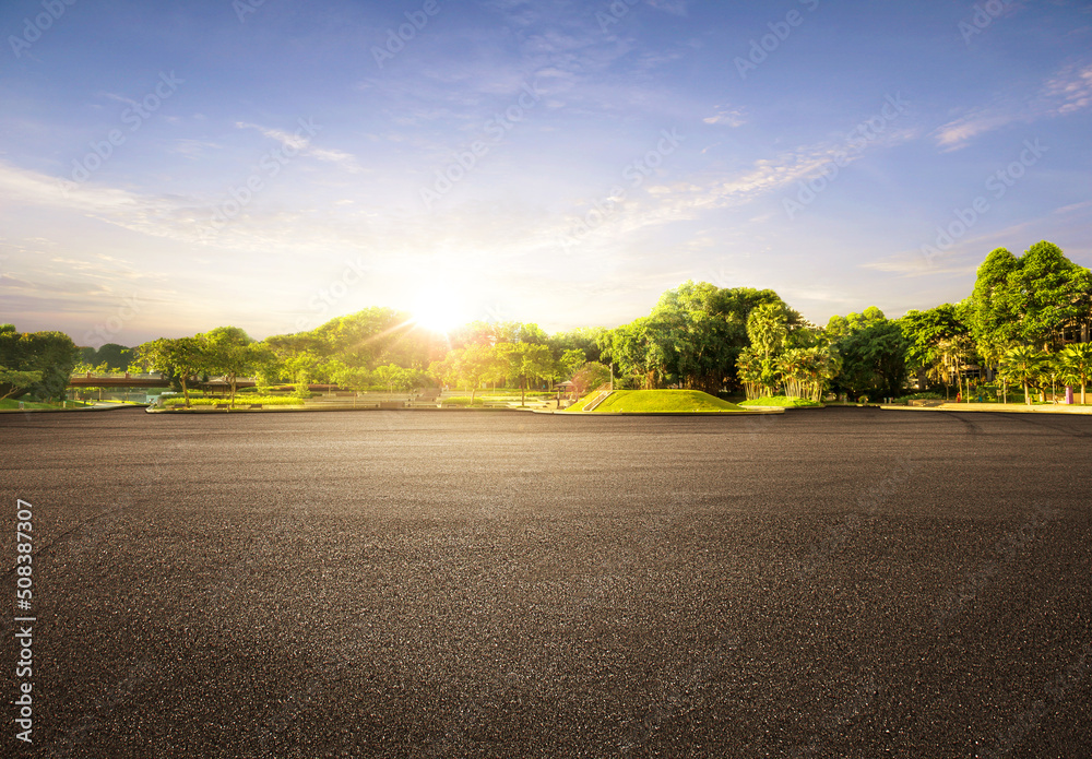 Wall mural Empty street garden at and tarmac floor. sunrise.