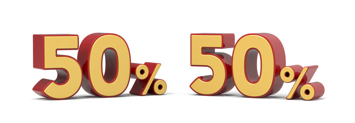 50 percent on white background. 3d illustration of 50 percent sign. Sale banner and poster. 50%