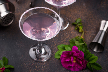 Pink martini cocktail with rose syrup