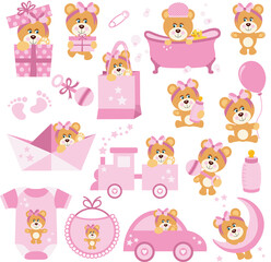 Set of digital elements with cute baby girl teddy bear.cdr
