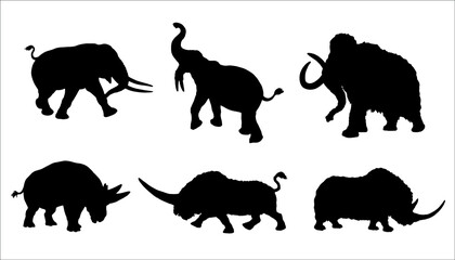 Silhouette of Prehistoric animals. Mammoth, mastodon, woolly rhinoceros and deinotherium. Vector illustration with extinct Elephants.	