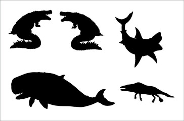 Shark megalodon,prehistoric whale Livyatan, gigantic crocodile Deinosuchus. Set of vector illustrations. Silhouette drawing  with extinct animals.