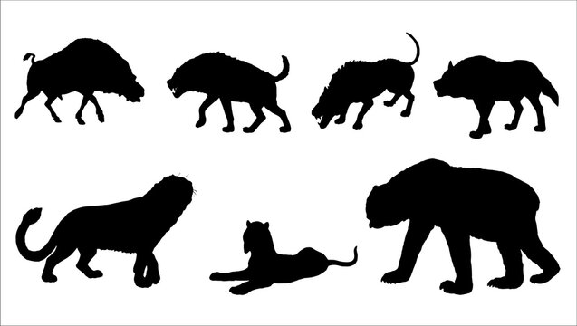 Prehistoric predators. Andrewsarchus, dinocrocuta, cave lion, bear and daeodon. Silhouette vector drawing with extinct animals.	