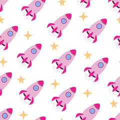 Pink rocket with star seamless pattern. Vector Illustration for printing, backgrounds, covers, packaging, greeting cards, posters, stickers, textile and seasonal design. Isolated on white background.